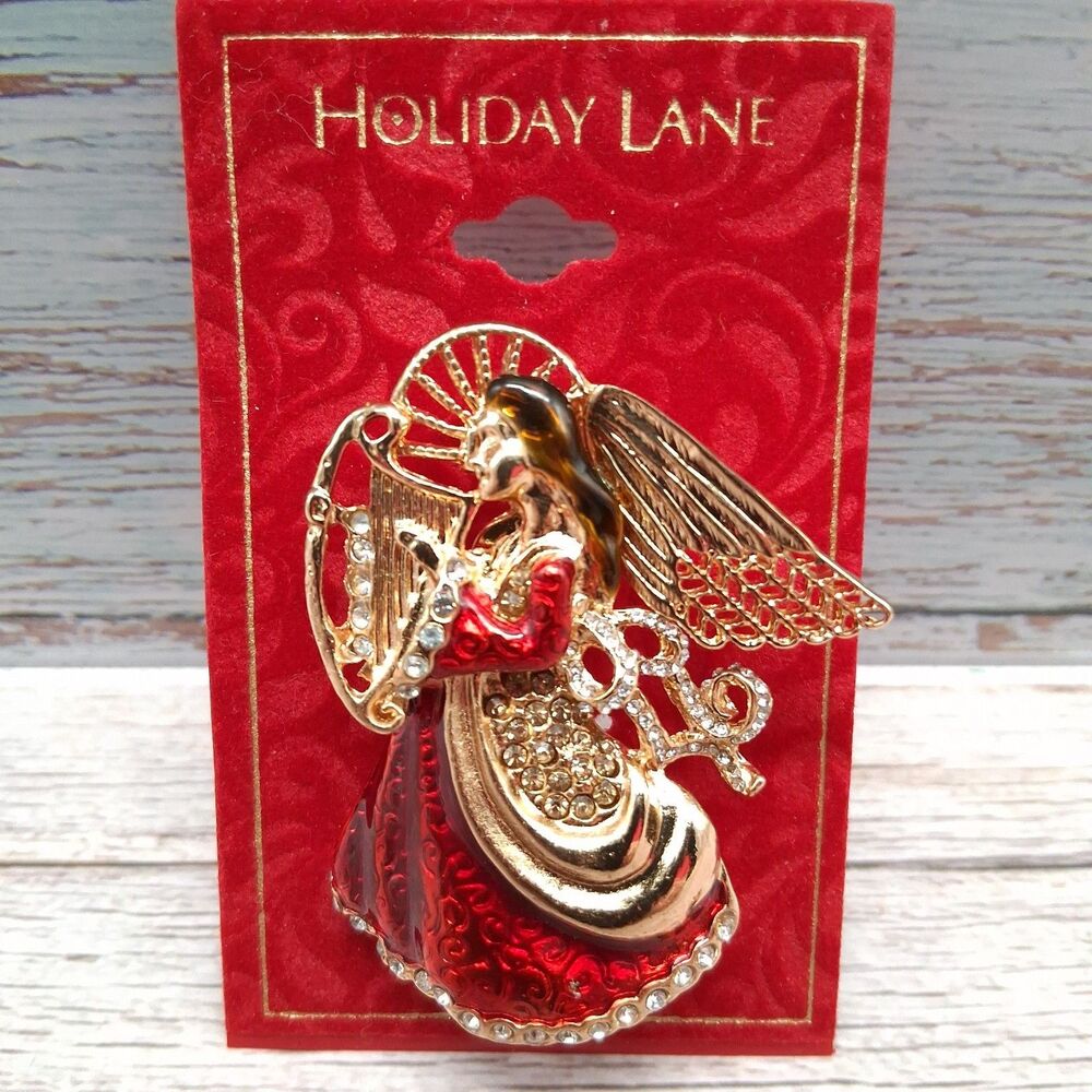 Holiday Lane Christmas Angel brooch Red Enamel Gold-Tone Lapel Pin